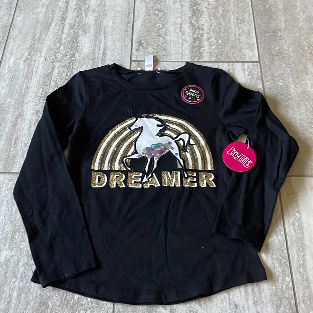 Ponytails Medium (10-12)Black has pony infront of shirt,long sleeves for girls